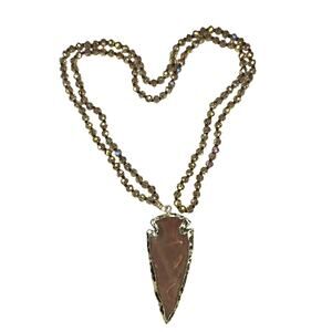 Handmade Arrowhead Pendant Necklace Long Beaded Stone Gold Trim Boho Western